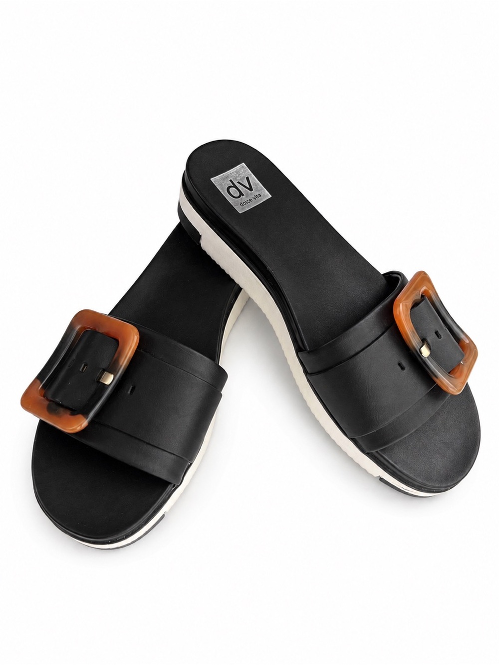 Dolce Vita CASTER Sandals Black Tortoiseshell Buckle Platform Slides Size 9.5